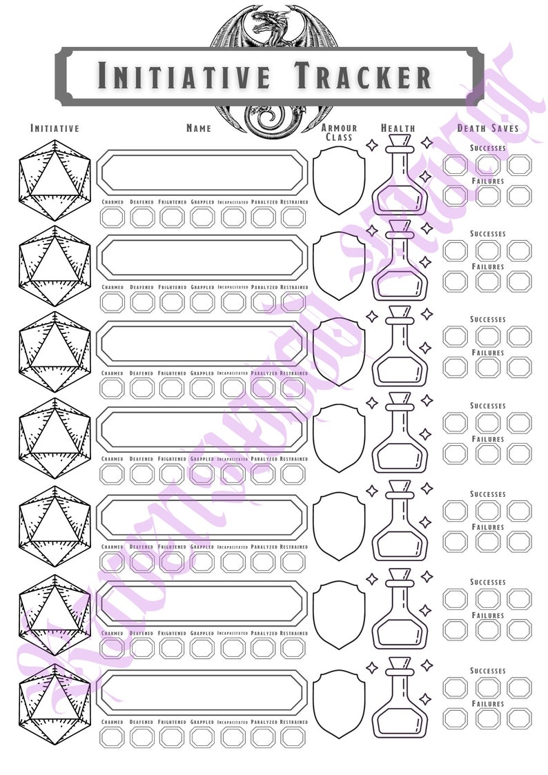 Combat Initiative Tracker A4 PRINTABLE DIGITAL DOWNLOAD Dungeons And