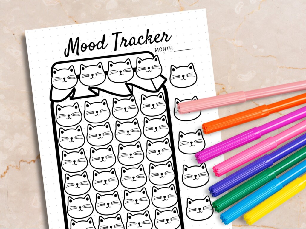 Cute Mood Tracker Printable Habit Tracker Kids With Cat Face Emotion 
