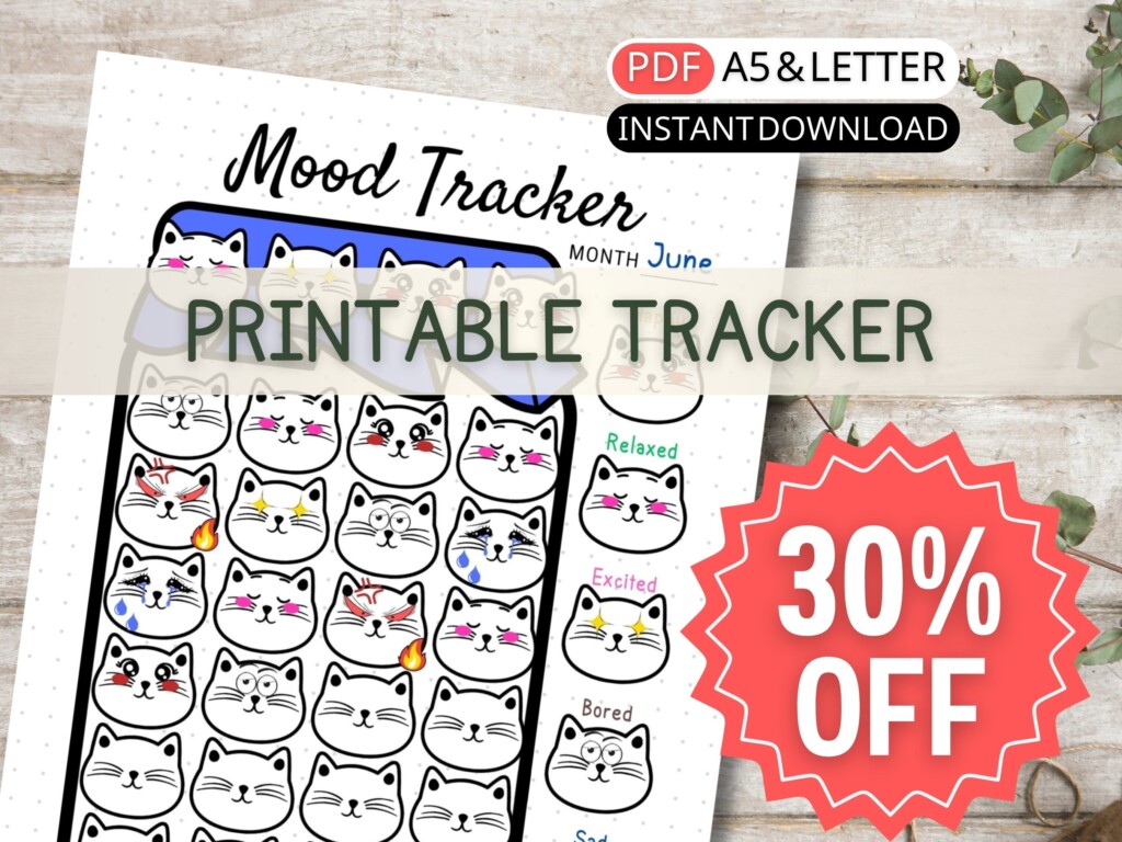 Cute Mood Tracker Printable Habit Tracker Kids With Cat Face Emotion 
