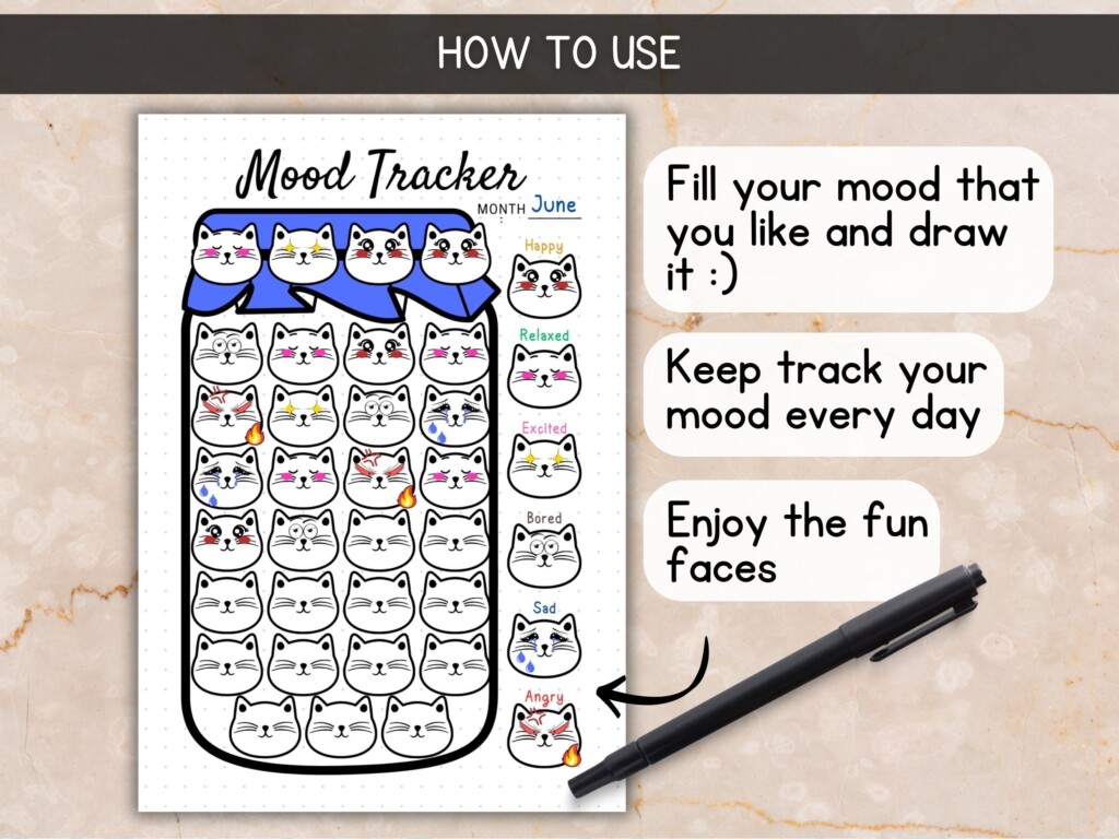 Cute Mood Tracker Printable Habit Tracker Kids With Cat Face Emotion 