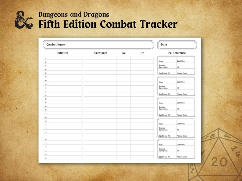 D D 5e Combat Tracker Printable And Fillable PDF Etsy Norway