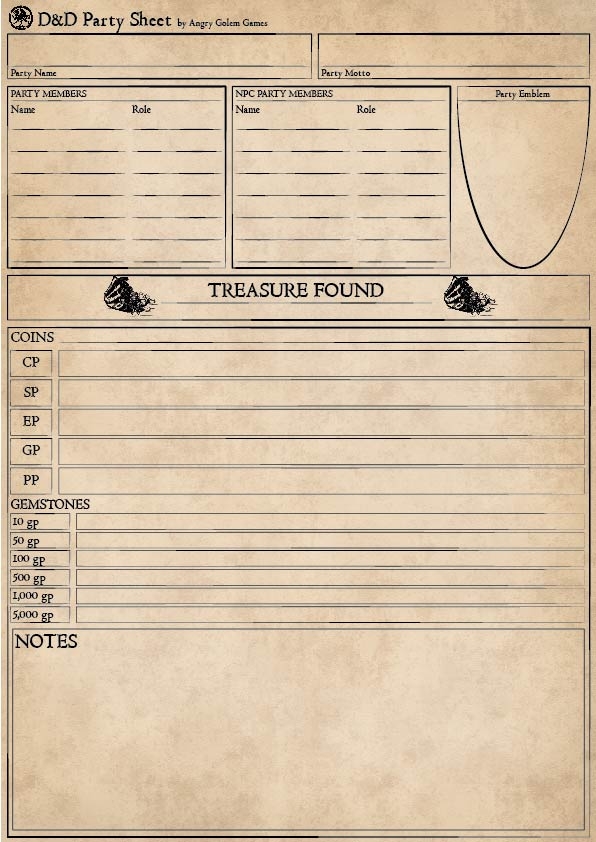 D D Party Inventory Sheet ANGRY GOLEM GAMES