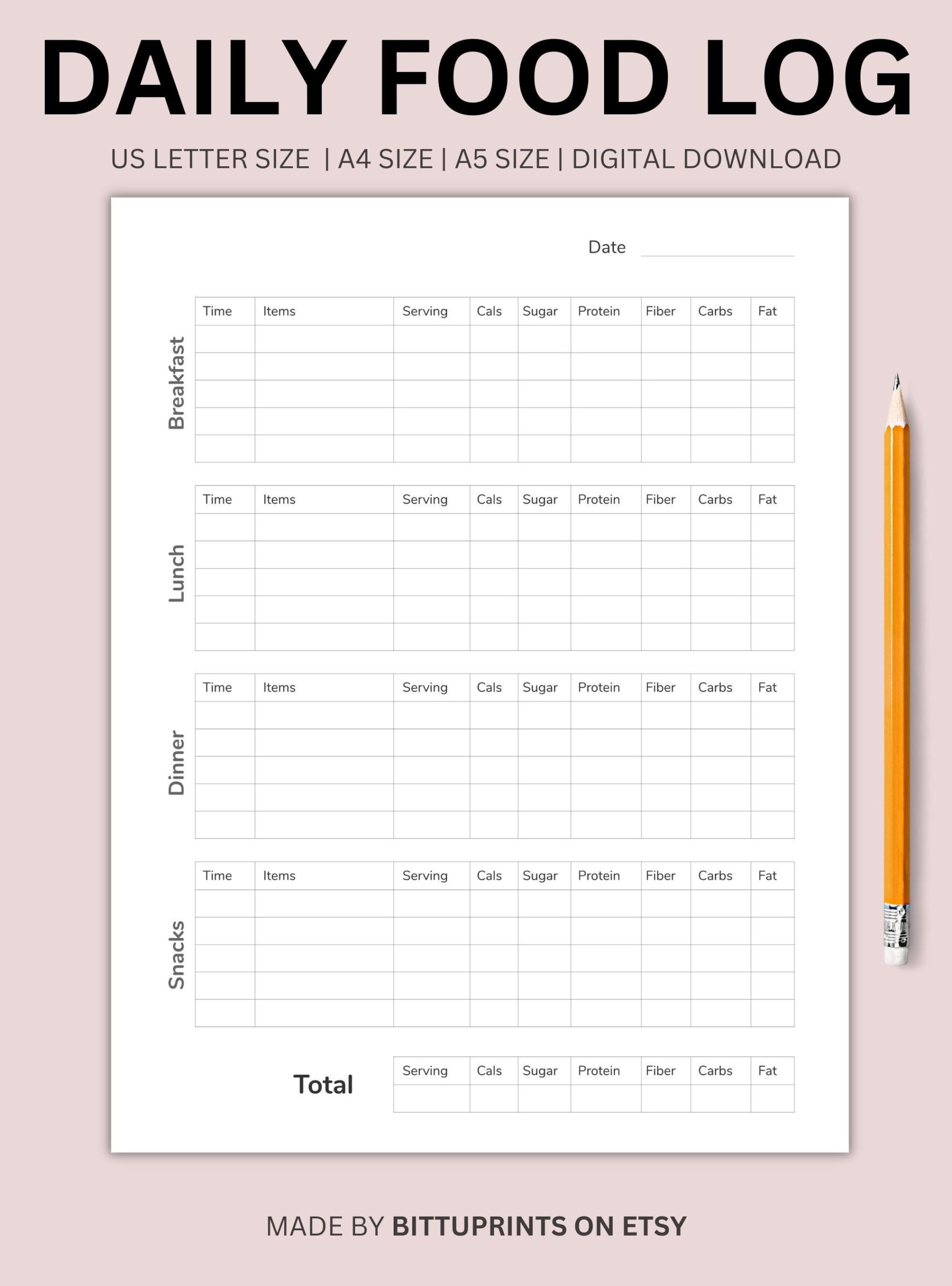 Daily Food Log Journal Food Diary Printable PDF Printable Daily Food