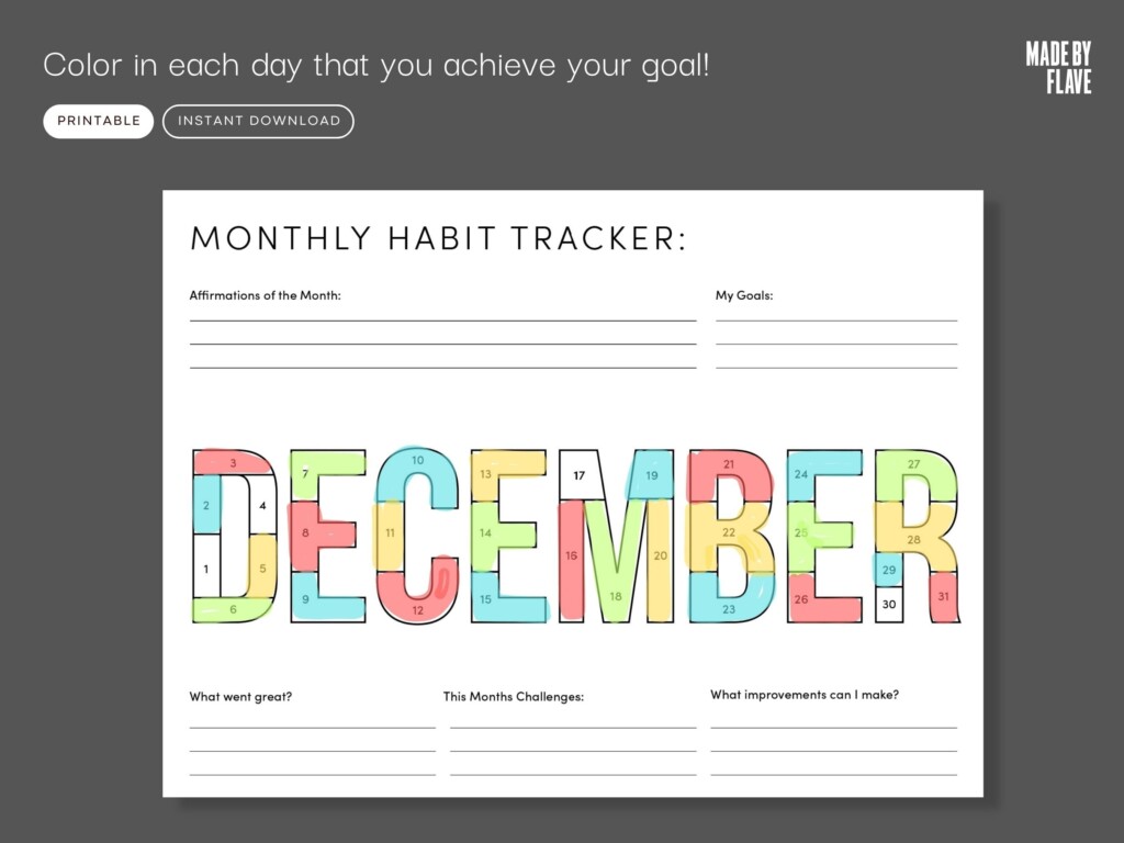 December Habit Tracker Coloring Sheet Printable Month Fitness Tracker 