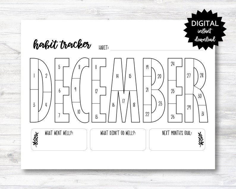 December Habit Tracker Coloring Sheet Printable Month Habit Etsy