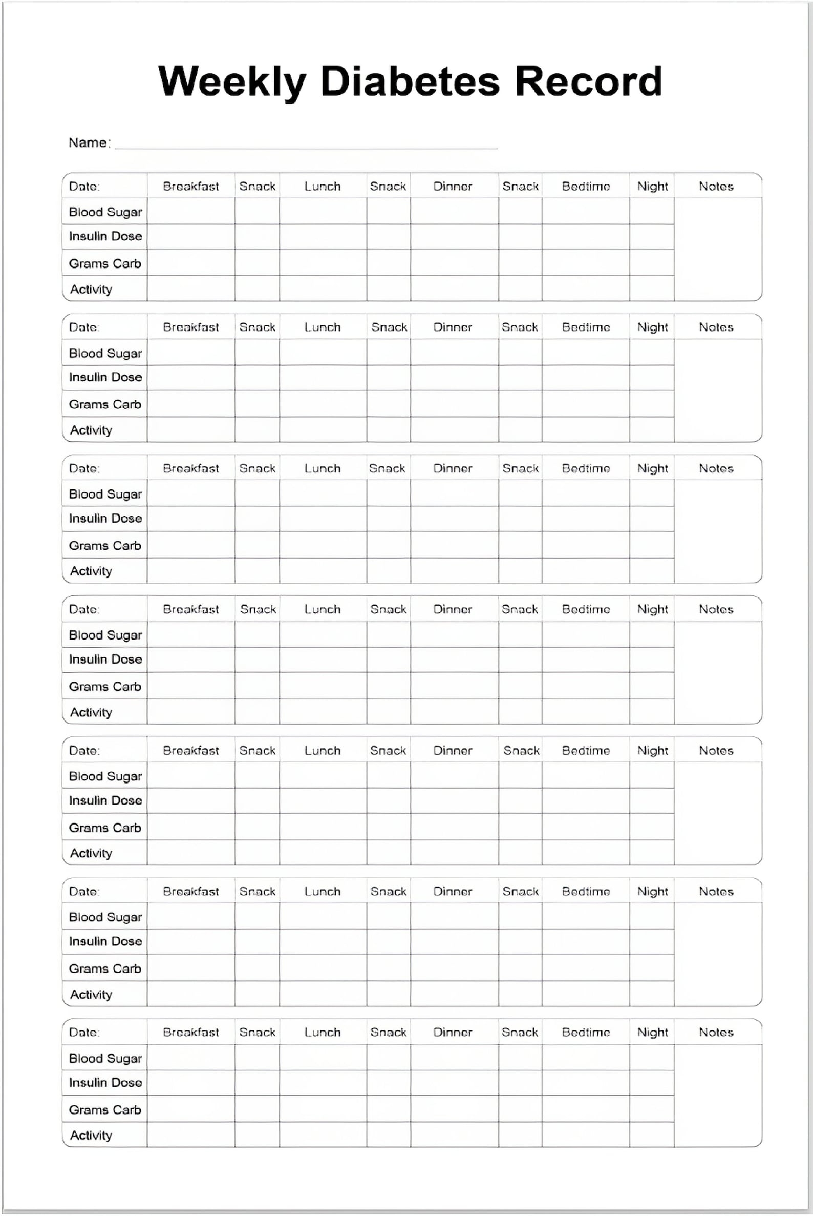 Digital Weekly Diabetes Record Diabetes Tracker Diabetes Etsy