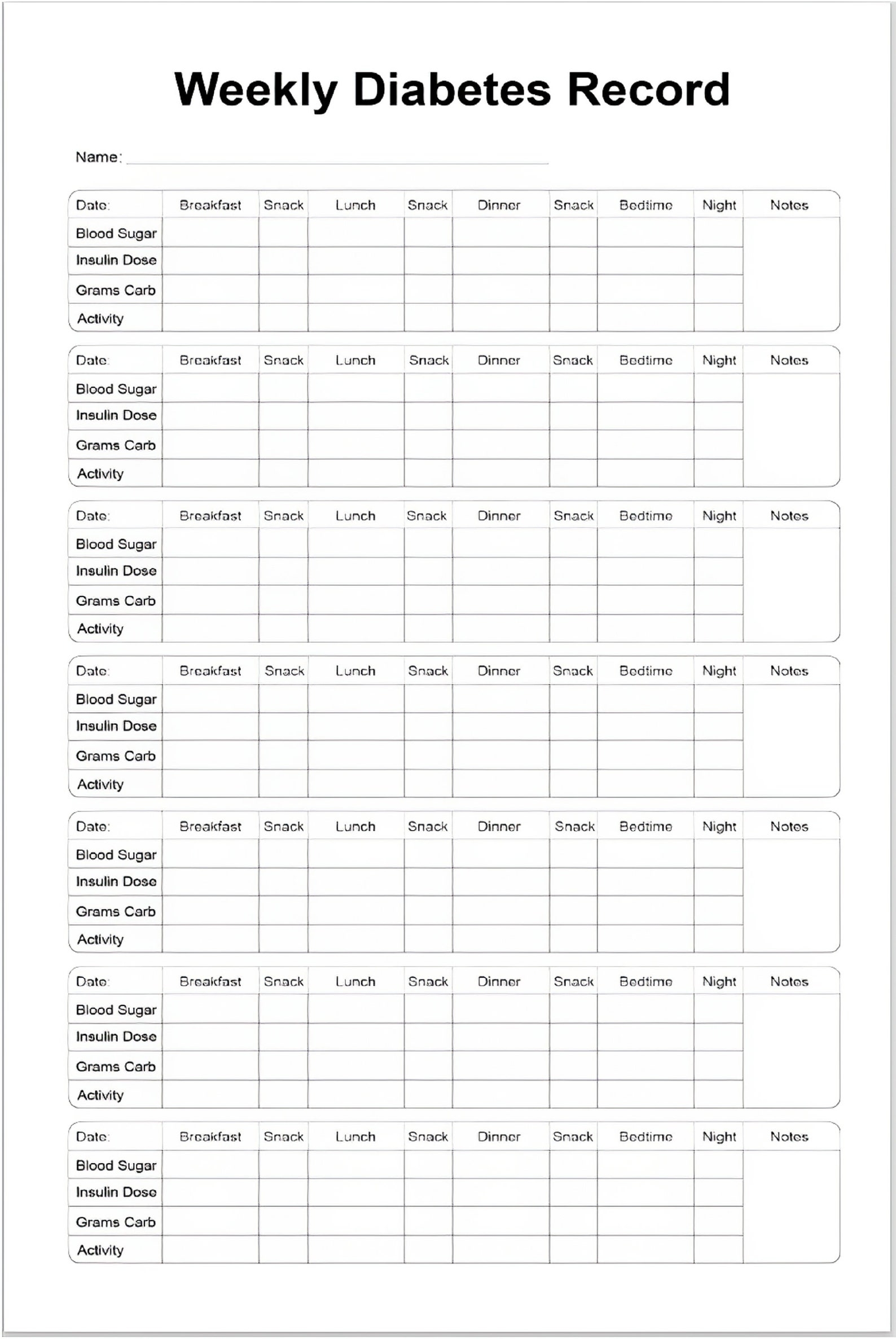 Digital Weekly Diabetes Record Diabetes Tracker Diabetes Etsy