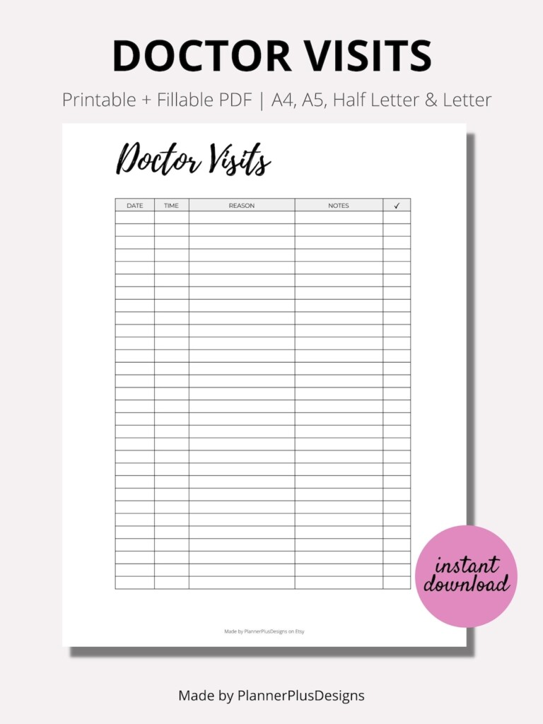 Doctor Visits Tracker Printable Doctors Appointments Log Medical 