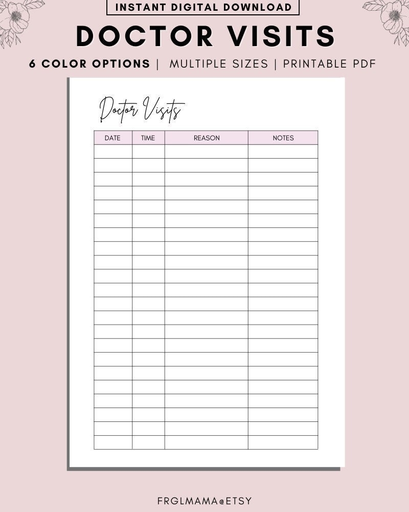 Doctors Visits Tracker Printable Doctors Appointments Log Etsy
