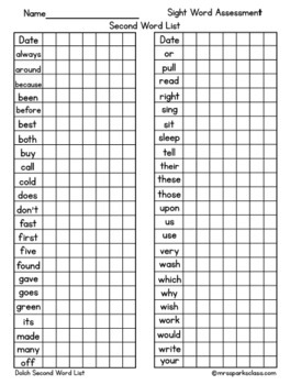 Dolch Sight Word Assessment Tracking By Mrs Sparks Class TPT