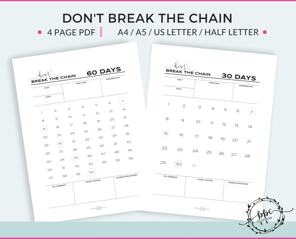 Dont Break The Chain Habit Building Tracker 30 Day 60 Day Goal 