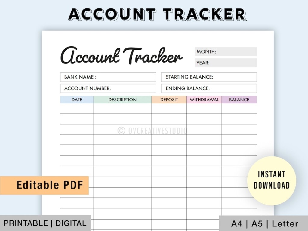 Editable Account Tracker Printable Account Log Bank Account Tracker 