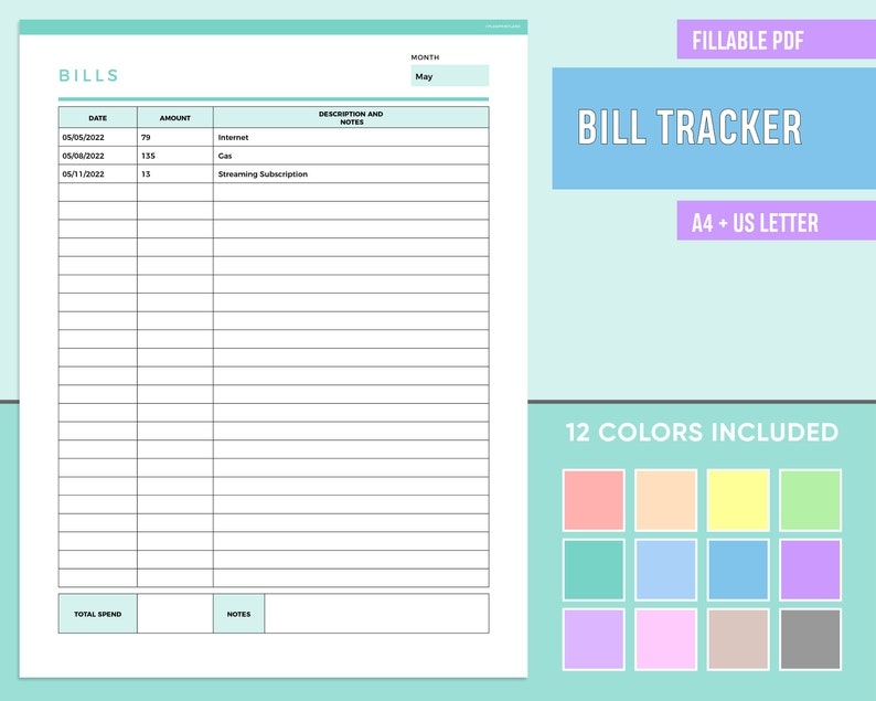 Editable Bill Tracker Printable Bills Tracker Monthly Bill Etsy