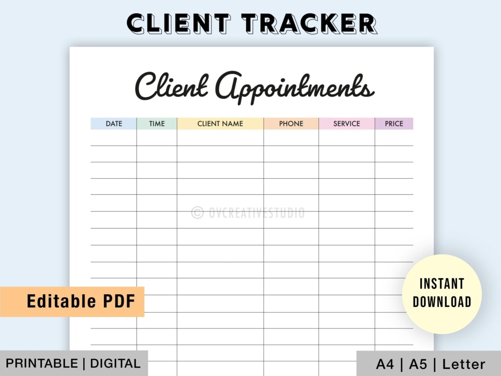 Editable Client Appointment Tracker Printable Client Tracker Client 