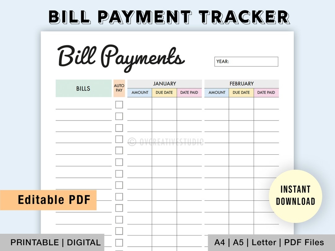 Editable Monthly Bill Tracker Yearly Bill Planner Monthly Bill Log