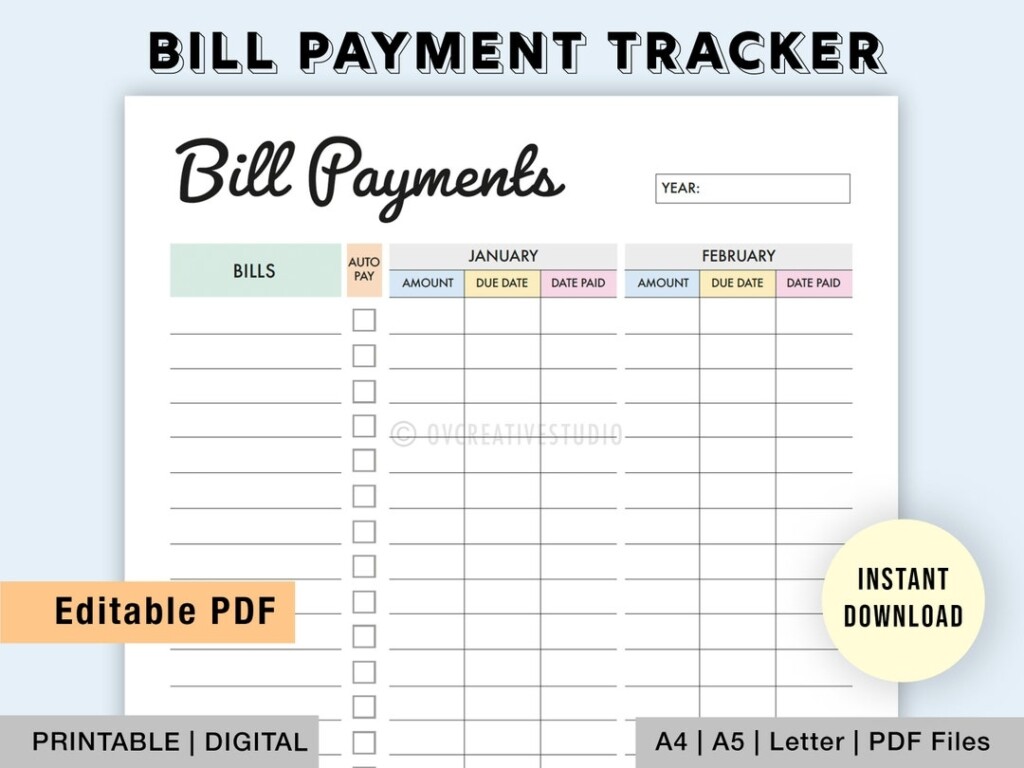 Editable Monthly Bill Tracker Yearly Bill Planner Monthly Bill Log 