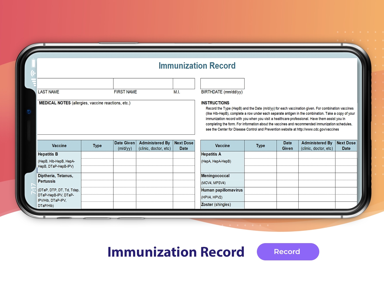 EXCEL Of Simple Immunization Record xls WPS Free Templates