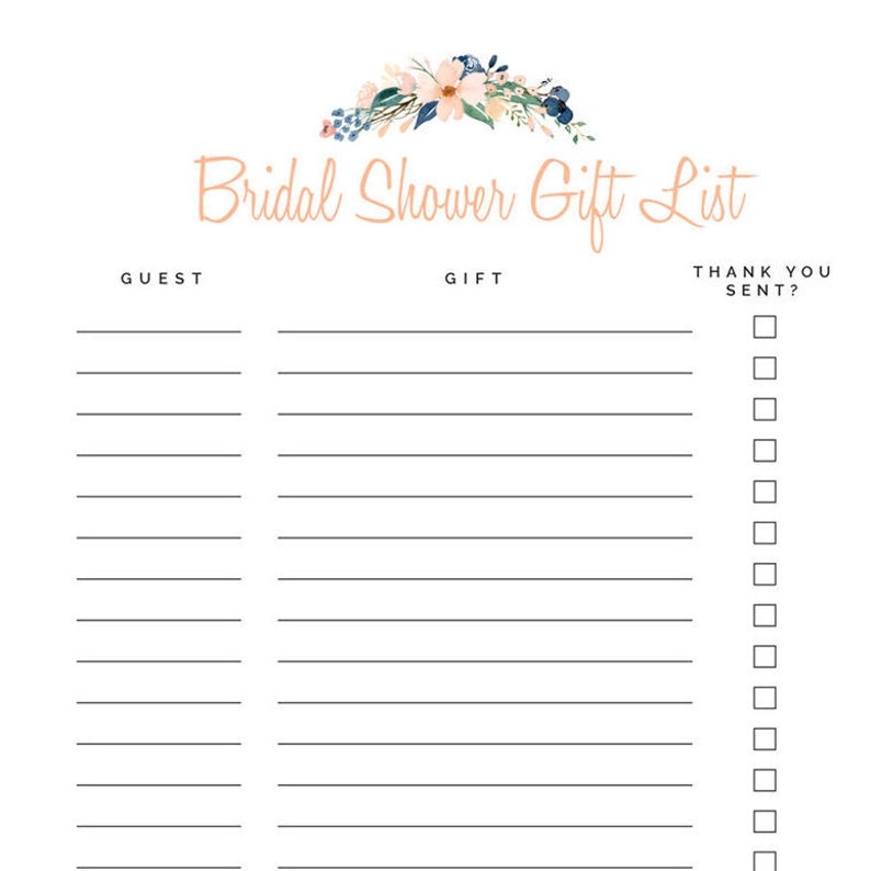 Floral Bridal Shower Gift Tracker Digital Download Etsy