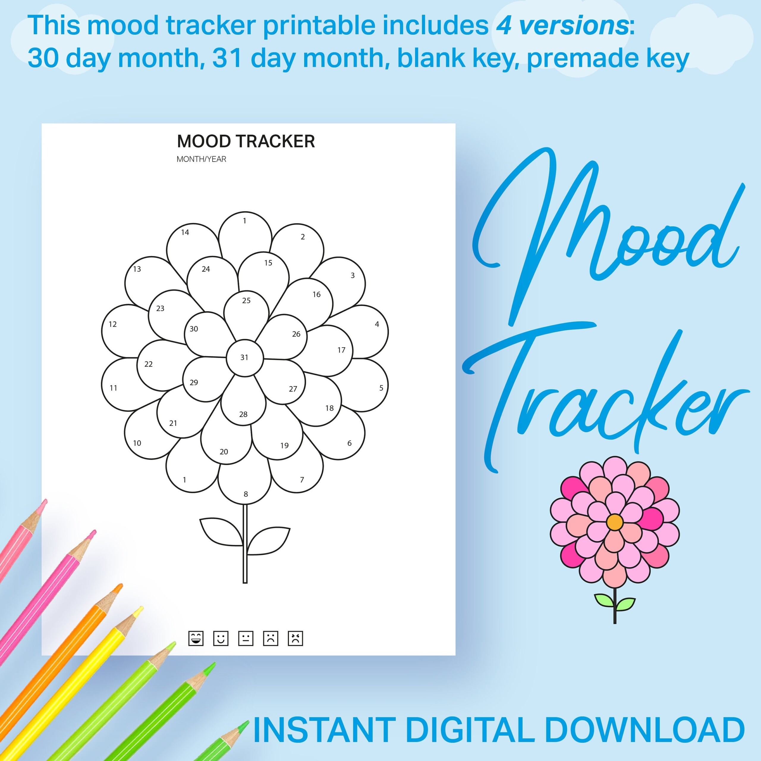 Flower Mood Tracker Printable Daily Monthly Mood Chart Journal A5 A4