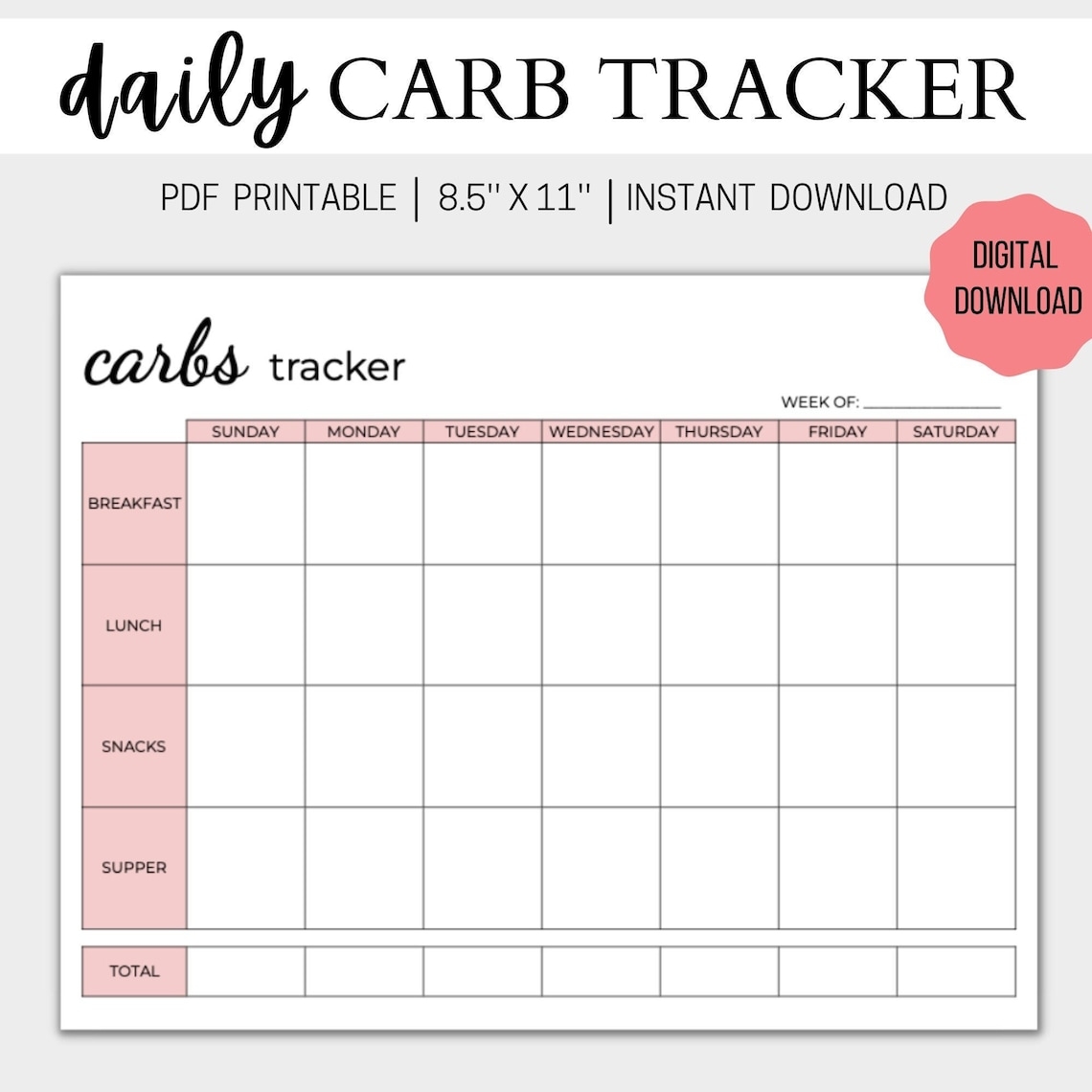 Food Journal Printable Daily Food Log Carb Tracker Low Carb Keto Meal