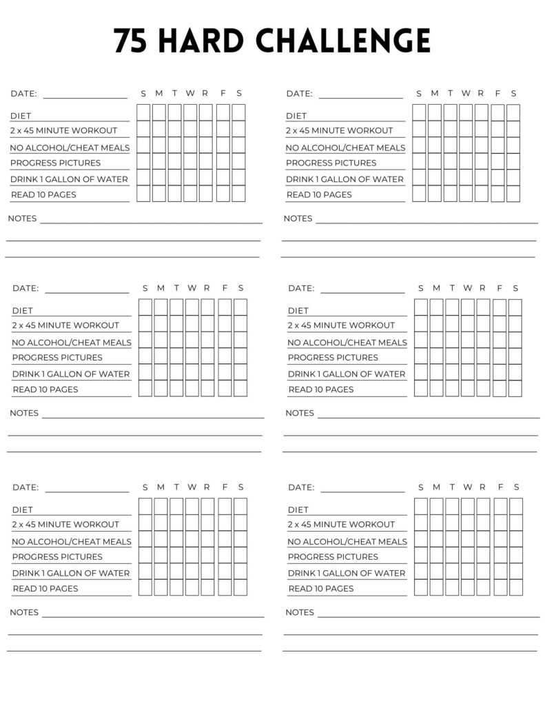 Free Printable 75 Hard Challenge Templates PDF Rules Checklist