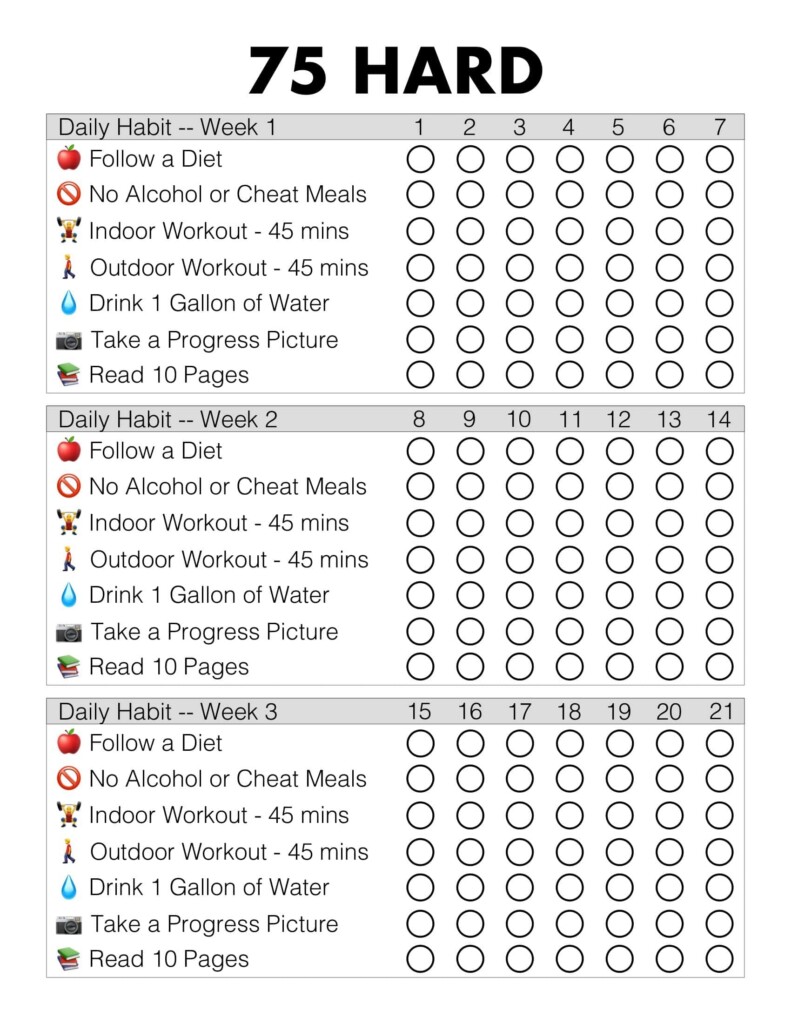 Free Printable 75 Hard Challenge Templates PDF Rules Checklist
