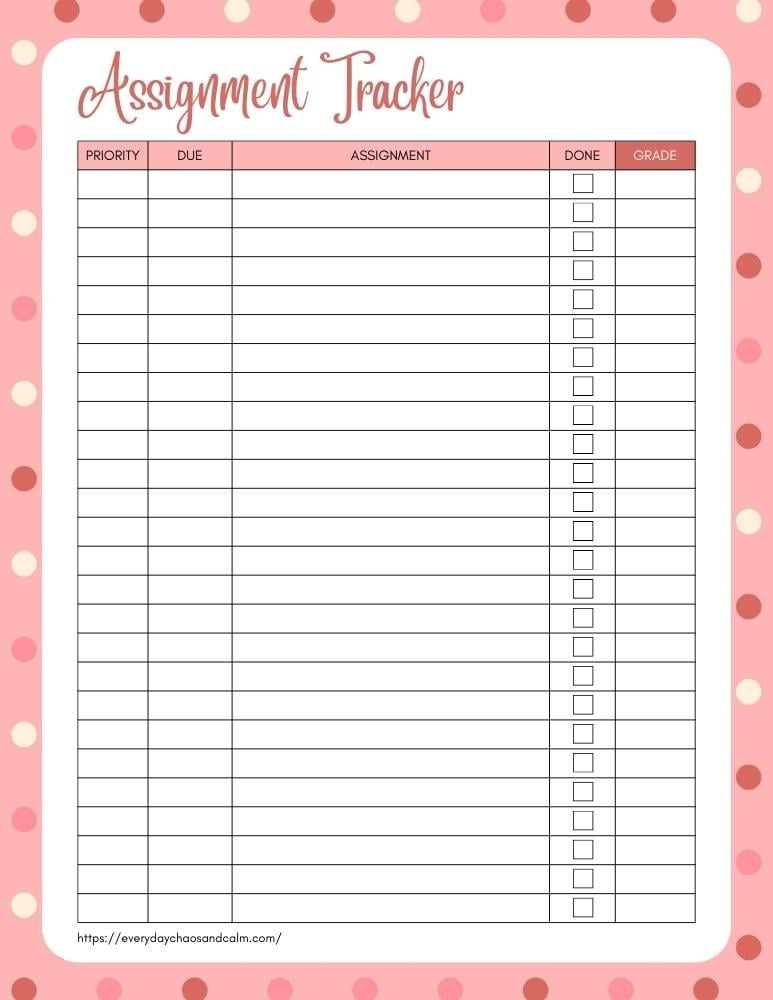 Free Printable Assignment Trackers For Students