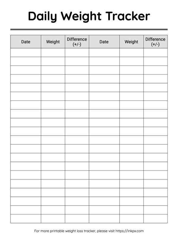 Free Printable Black And White Minimalist Daily Weight Loss Tracker InkPx