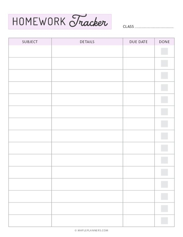 Free Printable Homework Tracker Template