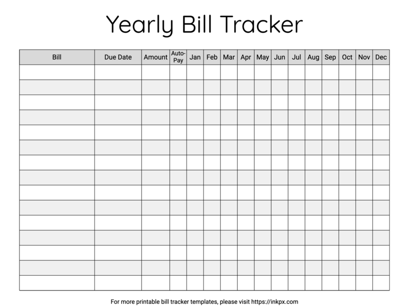 Free Printable Minimalist Black And White Yearly Bill Tracker Template