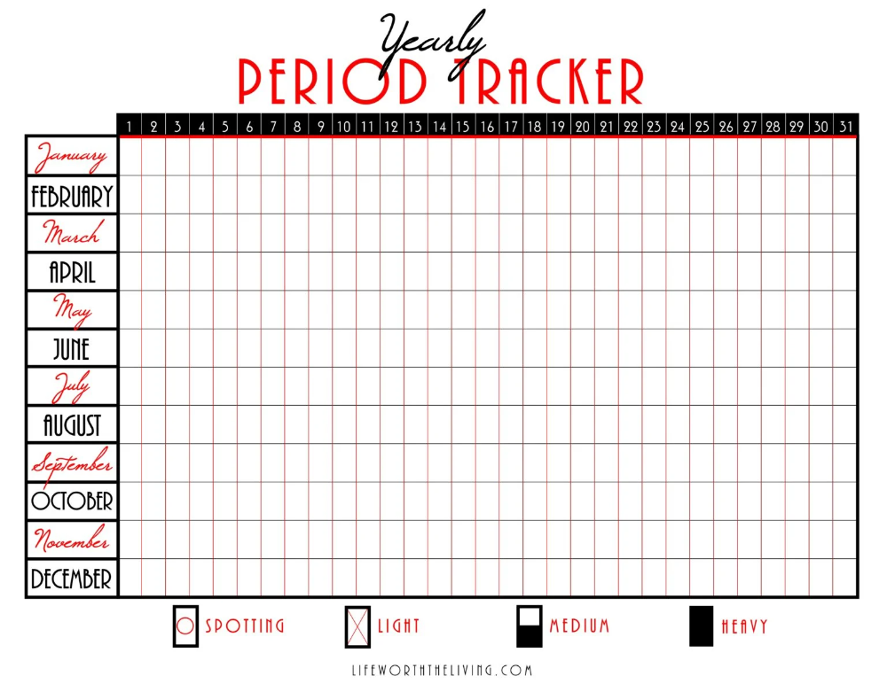 Free Printable Yearly Period Tracker