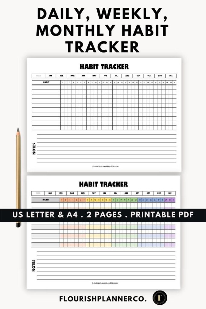 Habit Tracker Printable Habit Chart Daily Weekly Monthly Landscape 