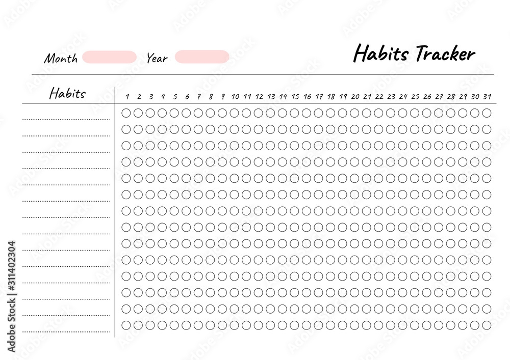 Habits Tracker Printable Template Vector Blank White Notebook Page A4 
