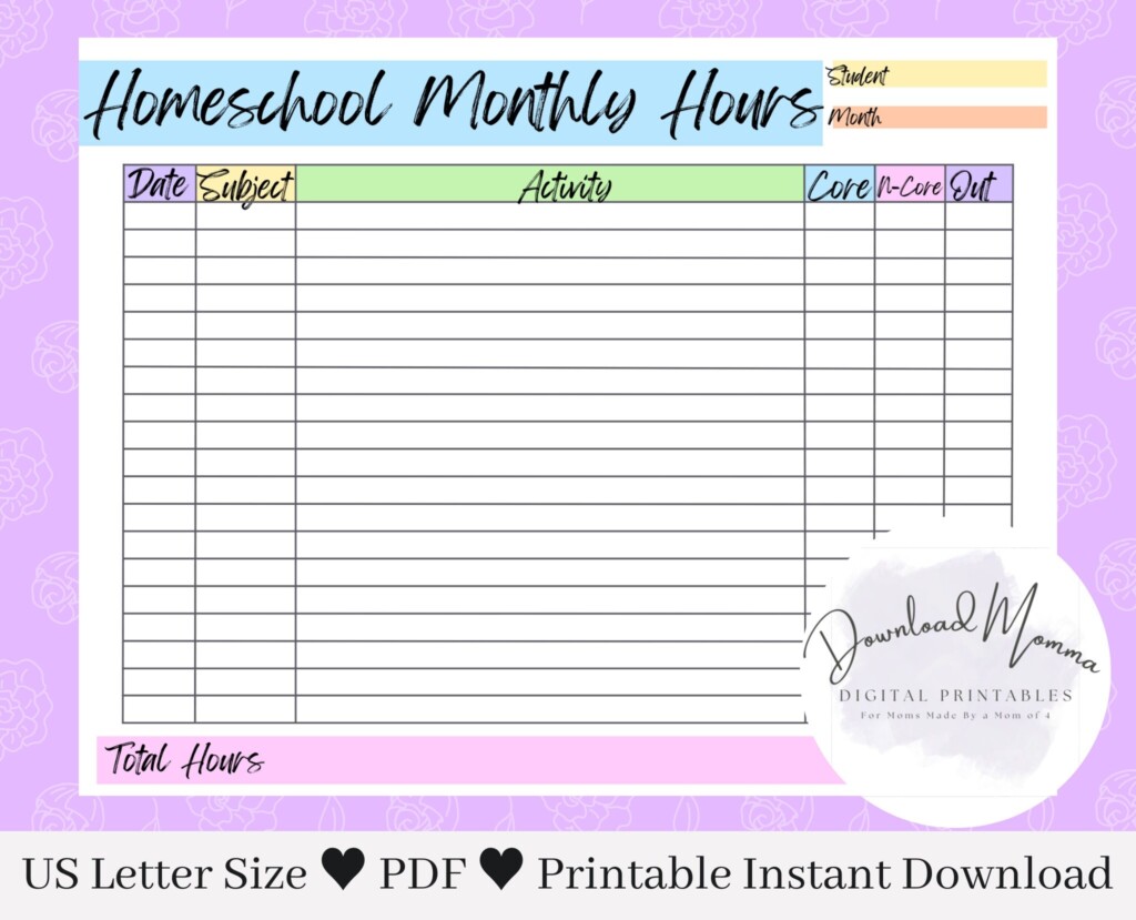Homeschool Monthly Hours Log Printable Homeschool Log Template 