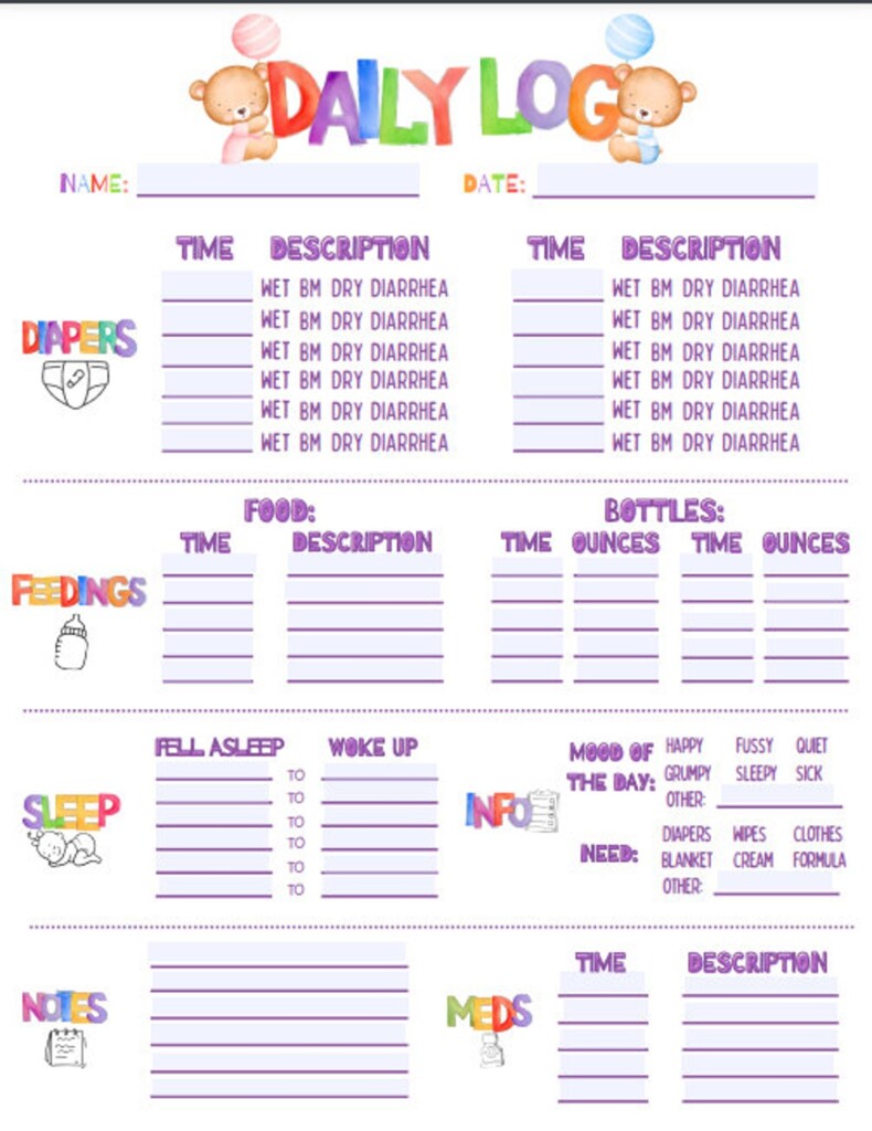INFANT DAILY Log child Care Tracker babysitter Notes Daycare Log 