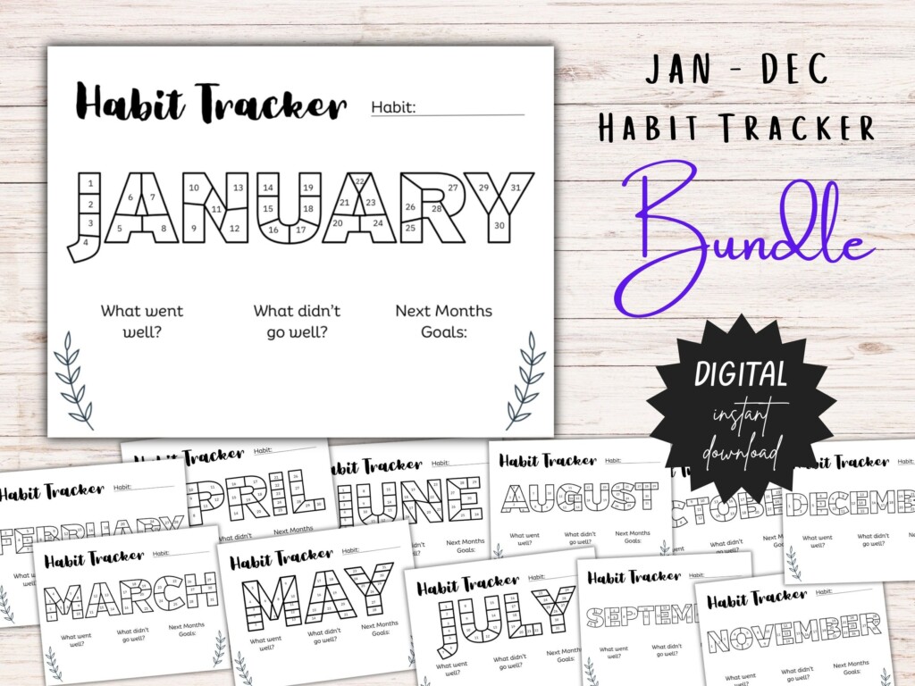 January December Habit Tracker Coloring Sheets Printable Bundle Monthly 