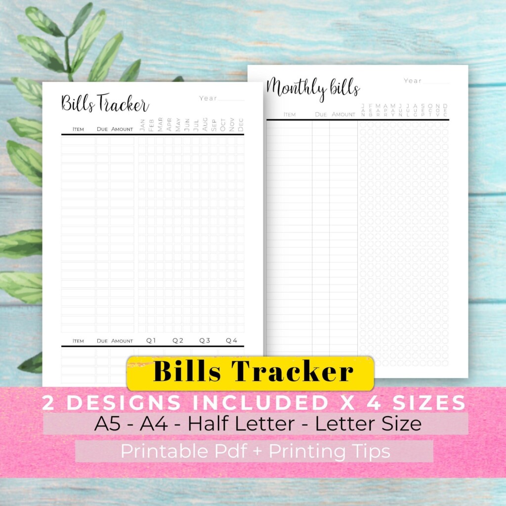 Monthly Bills Tracker Printable Planner Insert Template A5 A4 Letter 