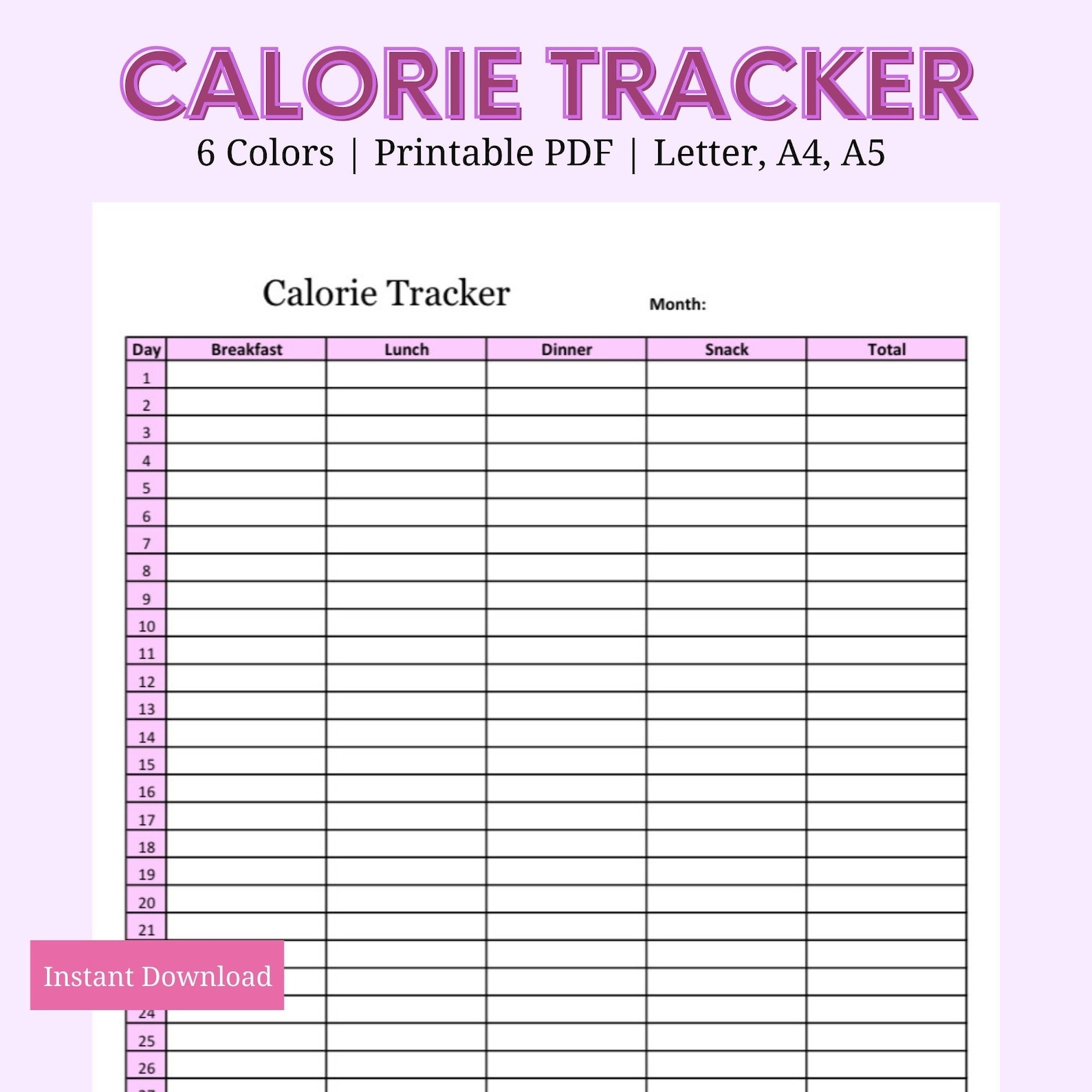 Monthly Calorie Tracker Printable Etsy Canada