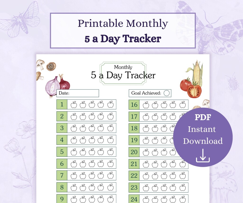 Monthly Five A Day Tracker Printable PDF Food Diary Monthly 