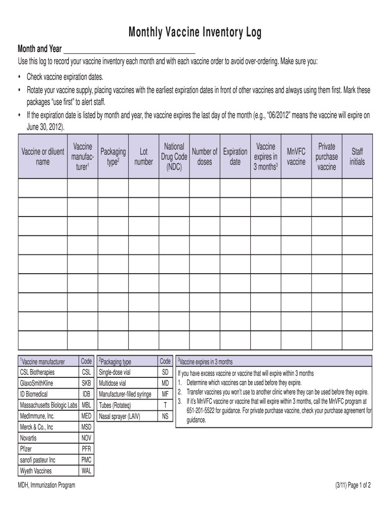 Monthly Vaccine Inventory Log 2011 2025 Form Fill Out And Sign 