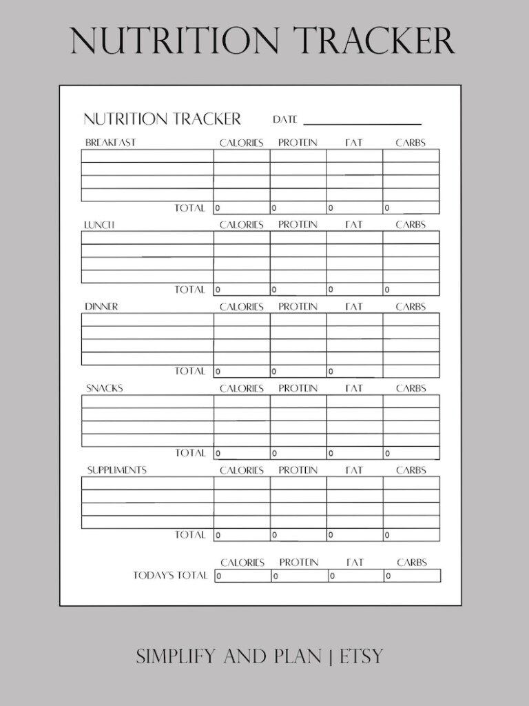Nutrition Tracker Printable Diet Planner Daily Calorie Protein Fat 
