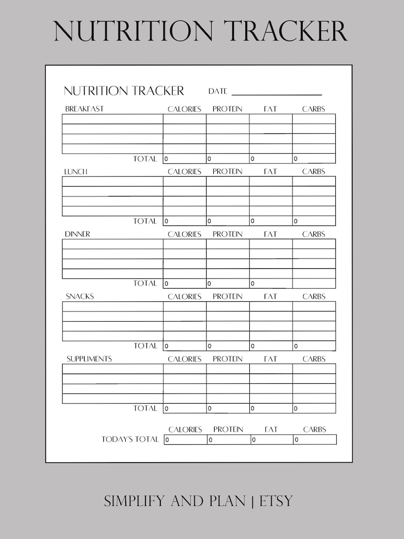 Nutrition Tracker Printable Diet Planner Daily Calorie Protein Fat