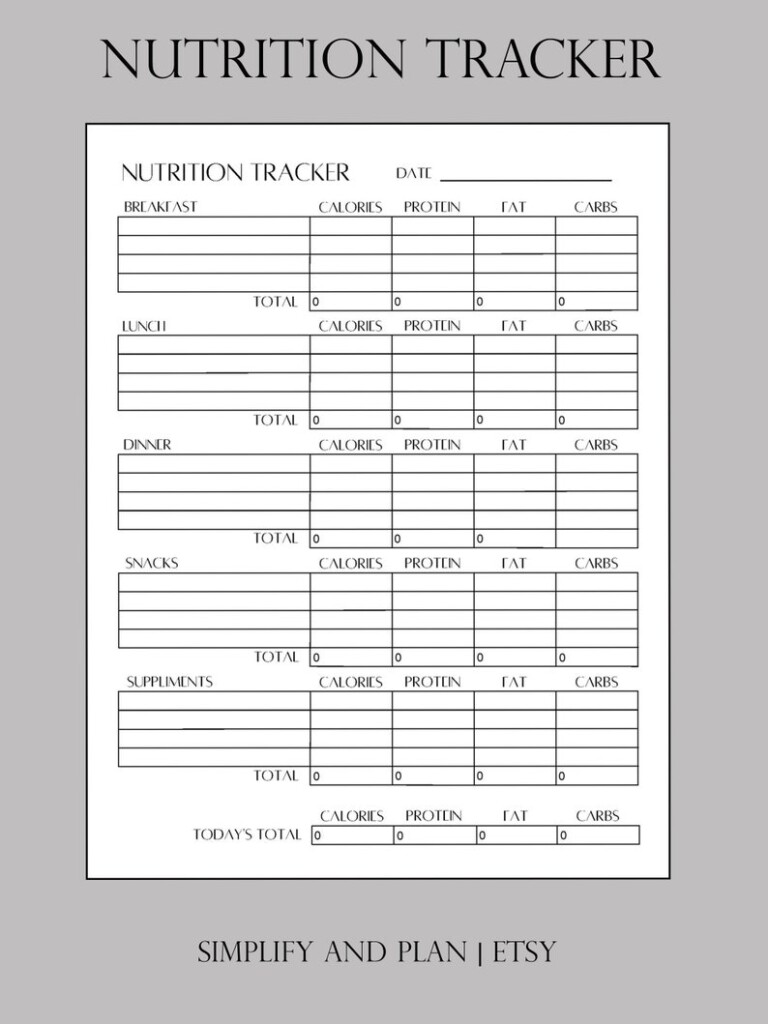 Nutrition Tracker Printable Diet Planner Daily Calorie Protein Fat 