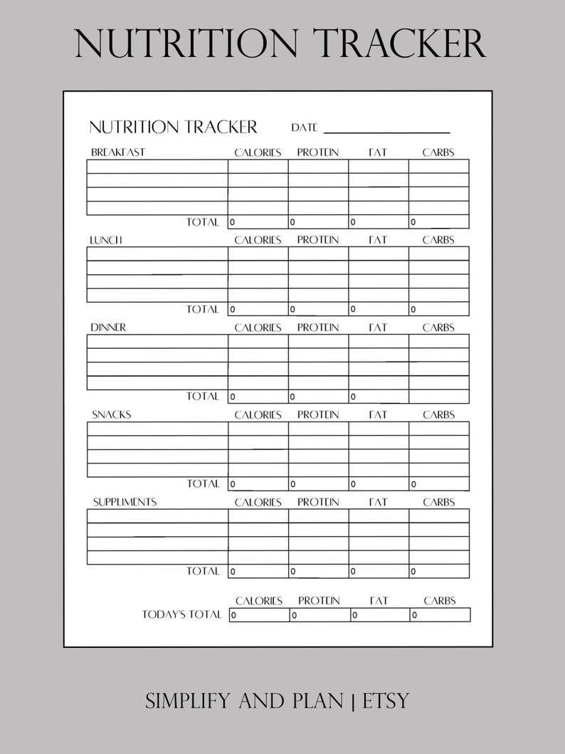 Nutrition Tracker Printable Diet Planner Daily Calorie Protein Fat