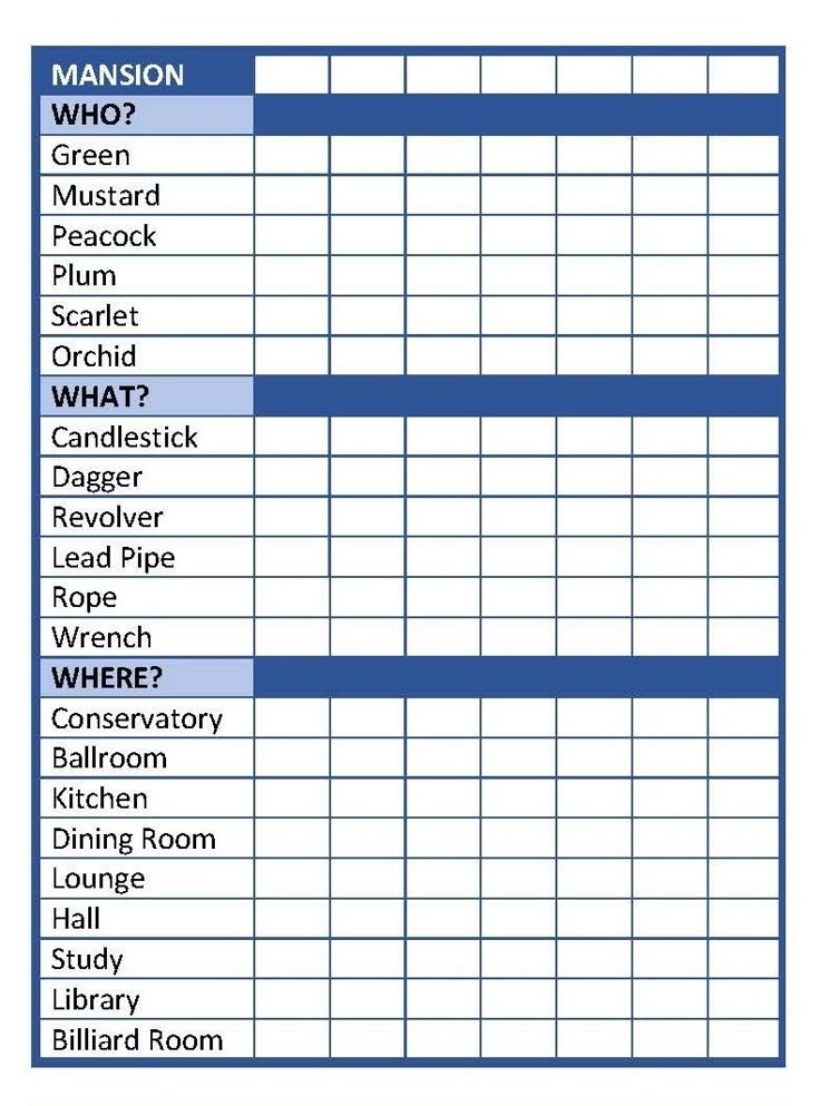 Original Printable Clue Sheets