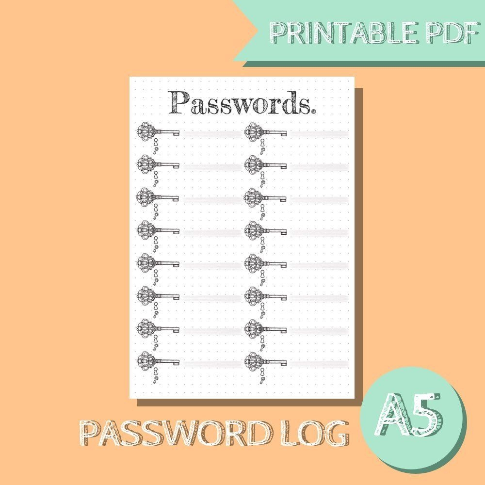Password Log Bullet Journal Printable Password Keeper Planner 