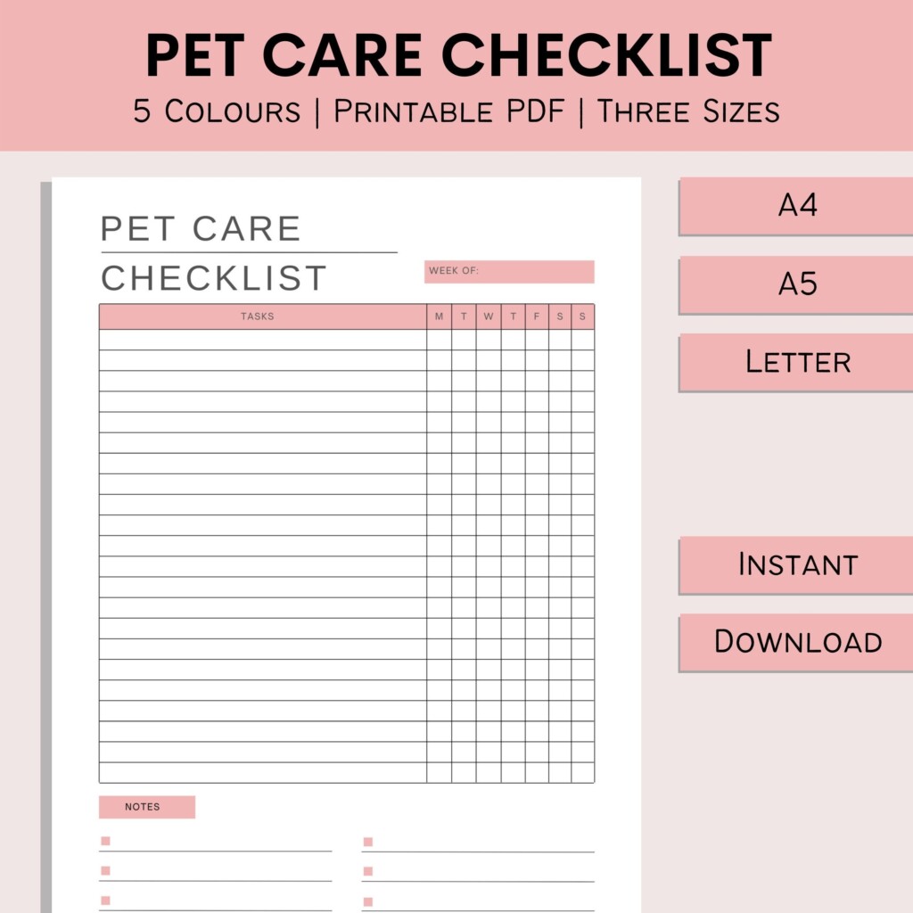 Pet Care Checklist Daily Care For Animals Printable Weekly Tracker 
