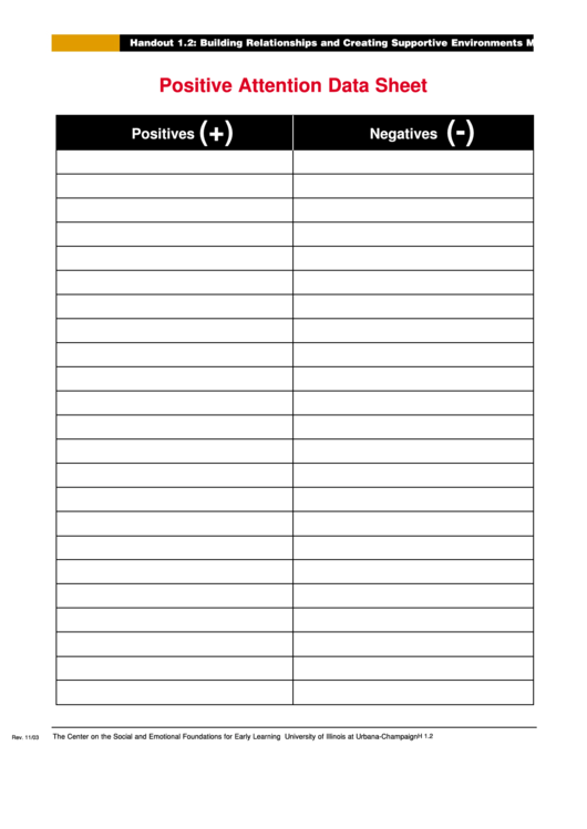 Positive Attention Data Sheet Printable Pdf Download