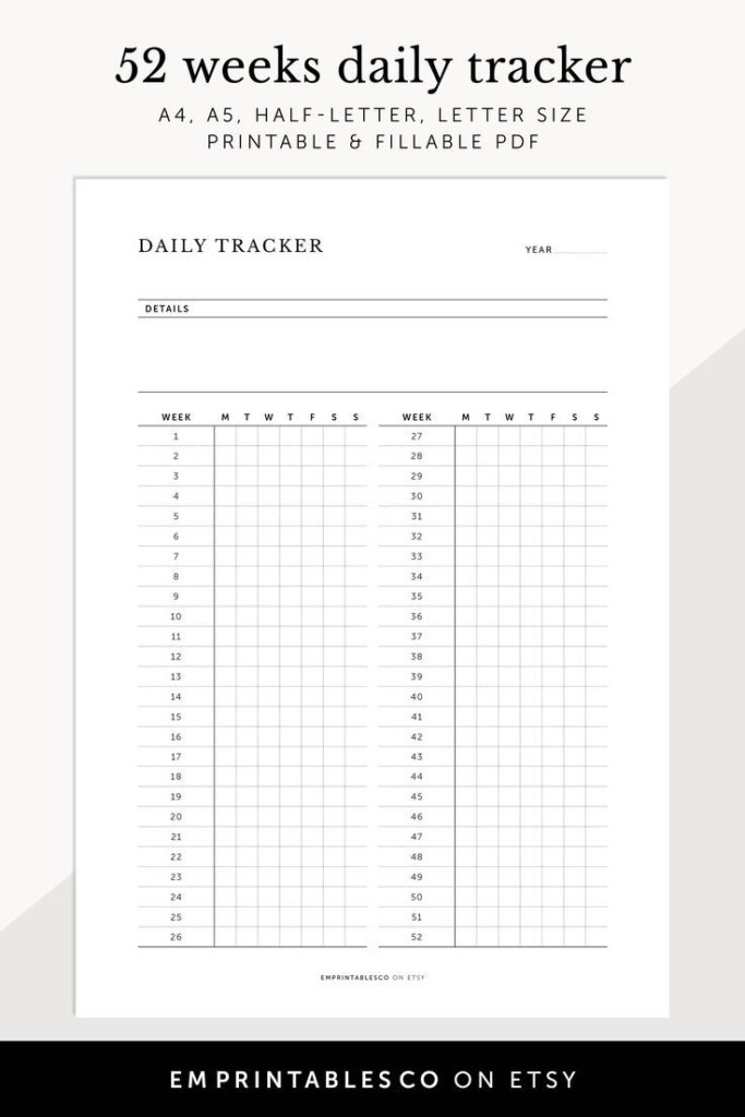 Printable 52 Week Daily Tracker Instant Download This Printable And 