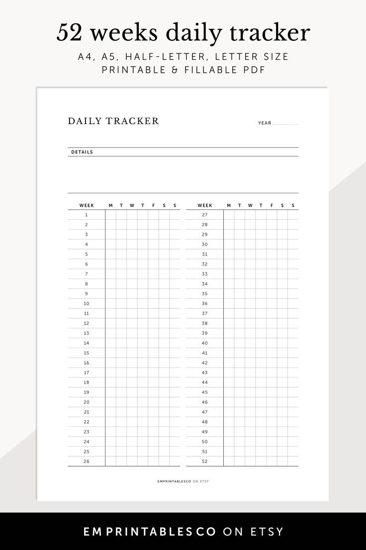 Printable 52 Week Daily Tracker Instant Download This Printable And